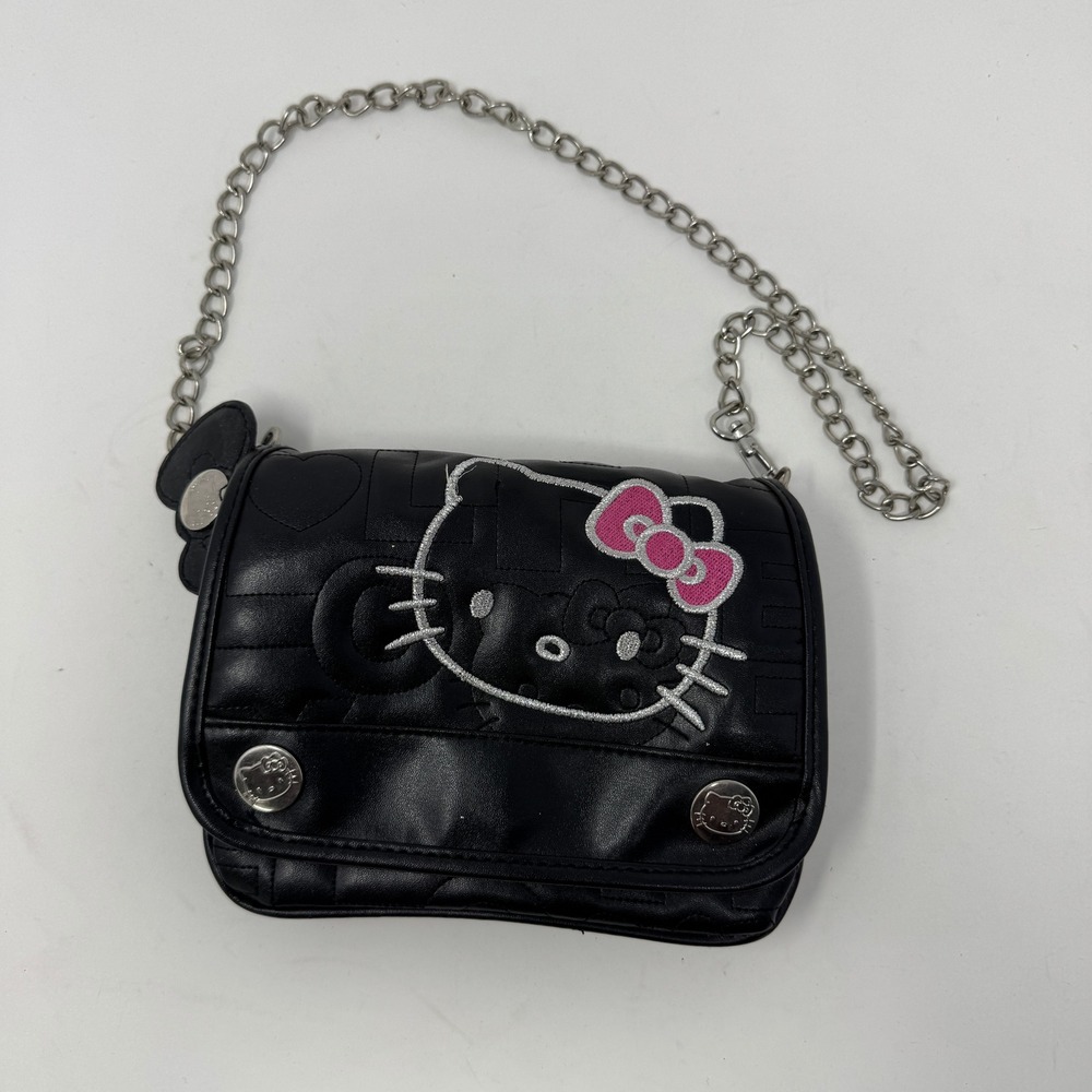 Sanrio Hello Kitty Womens Crossbody Bag Small Black Preowned Chain Embossed